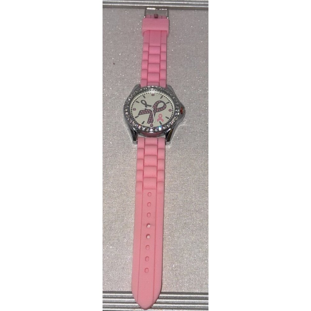 Pink Ribbon Breast Cancer Awareness Watch Rhinestone Bezel & Pink Silicone Strap